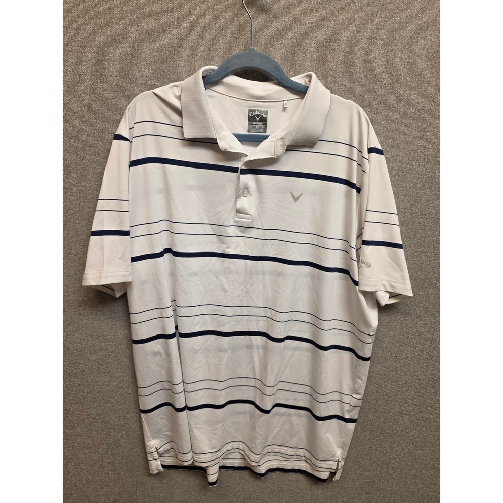 Callaway‎ Opti-Dri Mens XL Golf Polo Shirt White Navy Blue Striped Short Sleeve